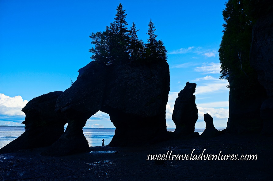 A Silouette of Two Rocks Forming an Arch With the Silouette of a Person Standing in the Arch Looking Out at the Blue Water and Trees Growing out of the Top of the Arch, a Silouette of Two Vertical Rocks to the Right of the Arch and a Cliff and a Squarish Rock to the Left of the Arch and a Blue Sky With Large Fluffy White Clouds