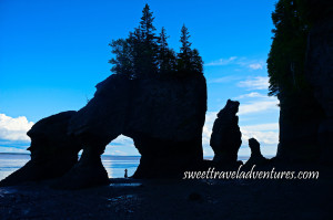 A Silouette of Two Rocks Forming an Arch With the Silouette of a Person Standing in the Arch Looking Out at the Blue Water and Trees Growing out of the Top of the Arch, a Silouette of Two Vertical Rocks to the Right of the Arch and a Cliff and a Squarish Rock to the Left of the Arch and a Blue Sky With Large Fluffy White Clouds