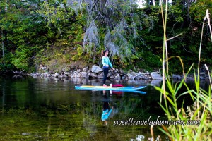 Side View of a Girl on a Blue and White Paddle Board Holding a Long Paddle With Green Trees and Green Plants in the Background Reflected onto the River, Long Green Grass on the Bottom Right