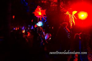 A Procession of People at Night With Trees Around Them Holding Illuminated Lanterns of Different Objects and Wearing Illuminated Necklaces